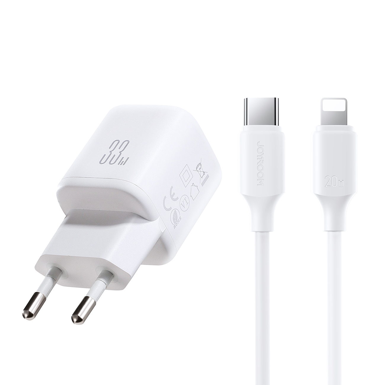 Joyroom JR-TG7 33W USB-A + USB-C sienas lādētājs ar 30W USB-C - Lightning 1m kabeli - balts