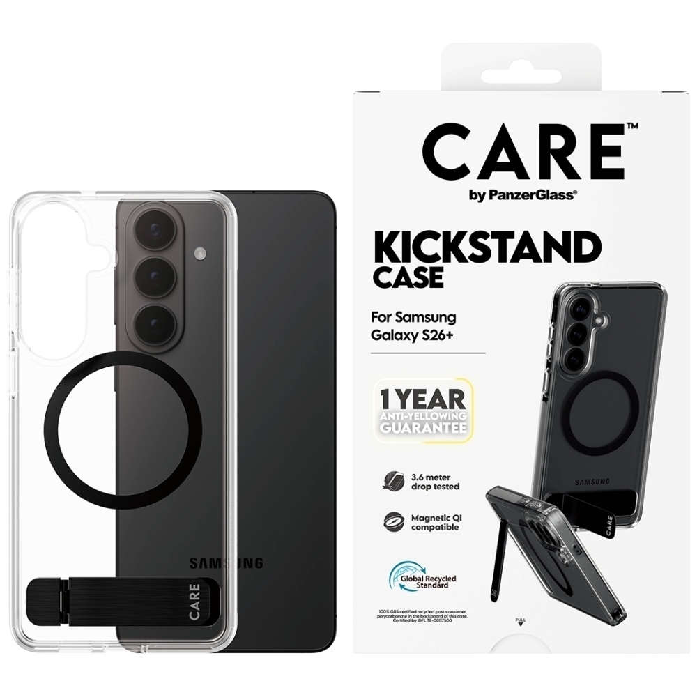 CARE by PanzerGlass Black Kickstand & QI Case for Samsung Galaxy S26+ - Transparent