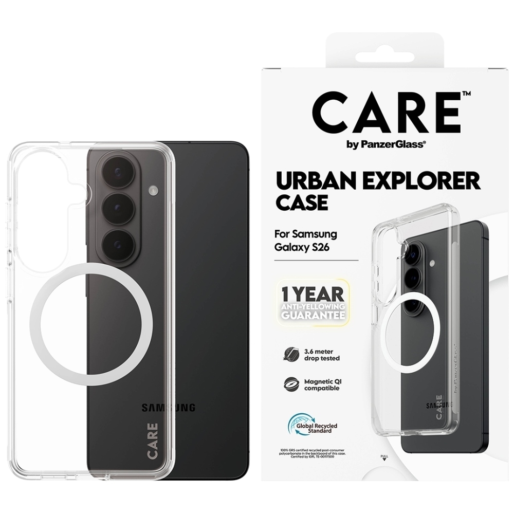 CARE by PanzerGlass Urban Explorer Transparent Case w. White Qi for Samsung Galaxy S26 - transparent