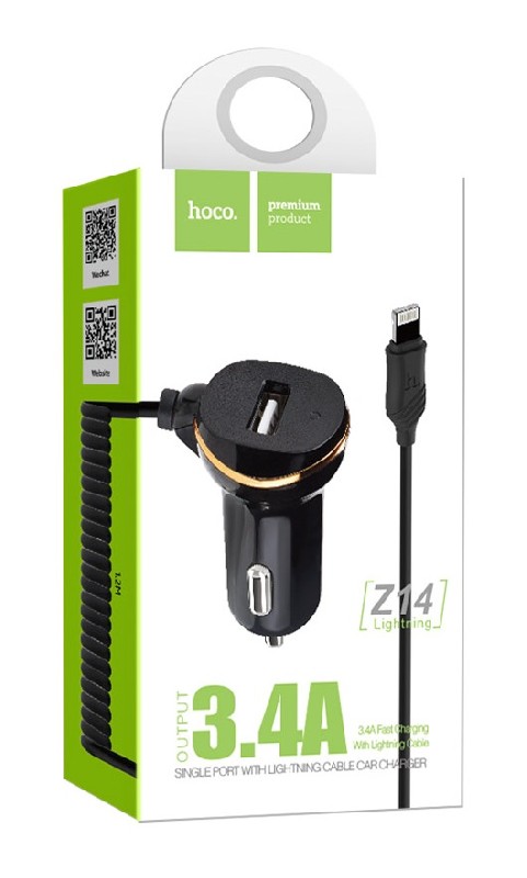 Auto lādētājs Hoco Z14 USB + "lightning" (5V 3.1A) melns