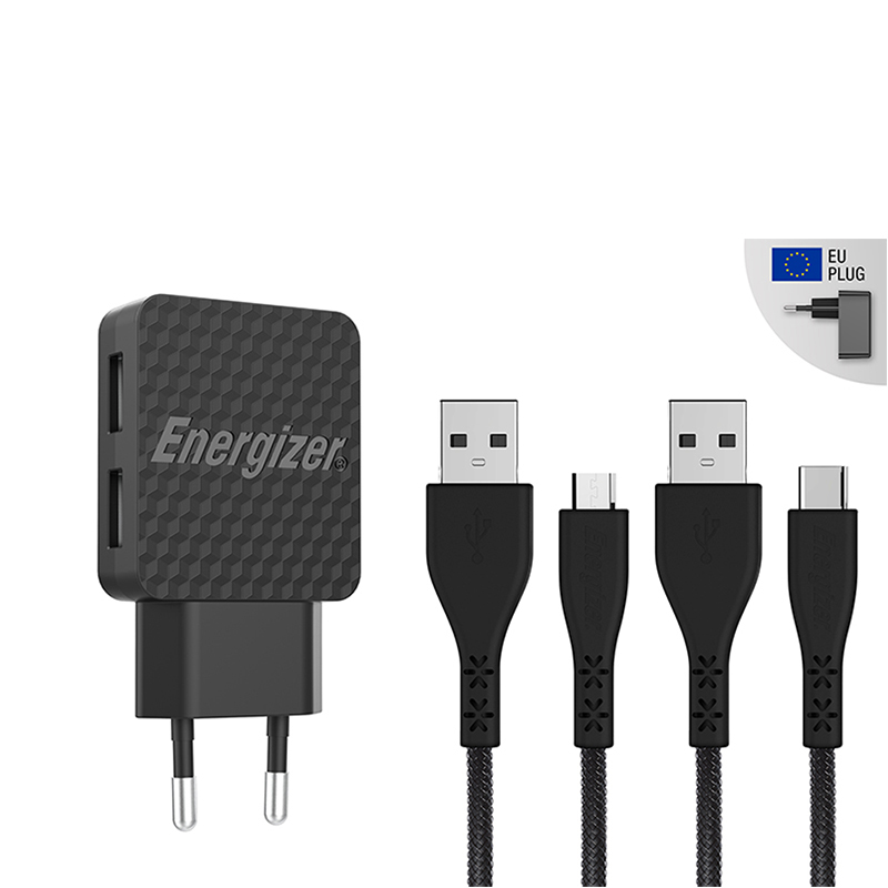 Energizer HardCase - 2x USB-A 12W mains lādētājs + USB-C & Micro USB kabelis (melns)