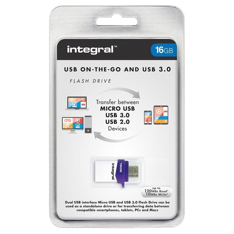 Integral Micro Fusion USB 3.0 OTG zibatmiņa ar USB-A un Micro-USB, 16 GB, balta