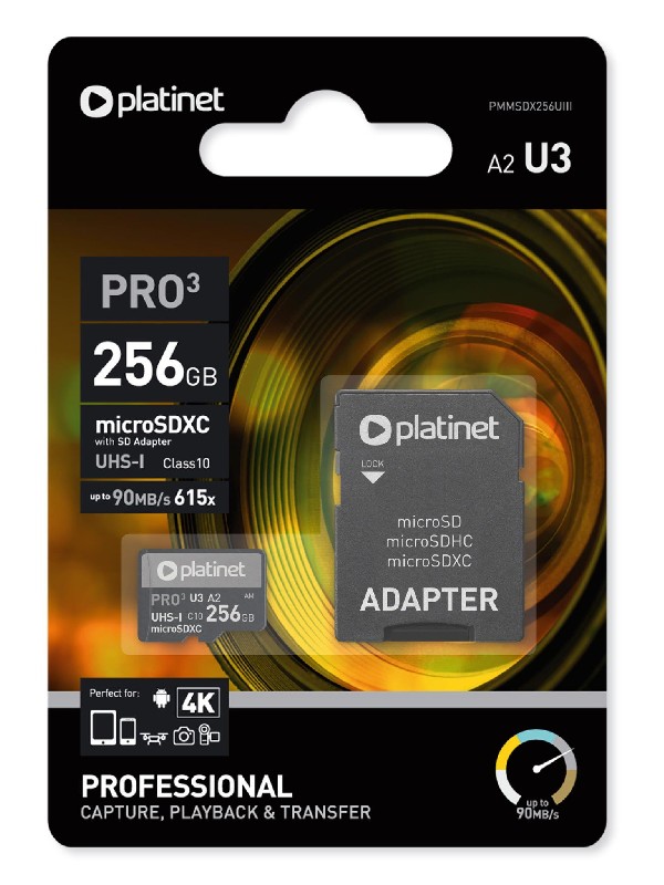 Platinet MicroSD atmiņas karte 256GB class10 UHS-III 90MB/s + SD adapteris