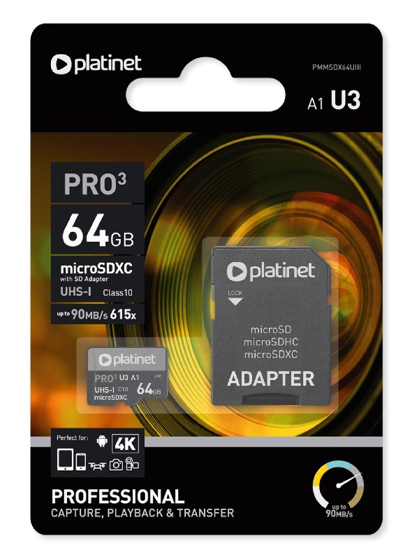 Memory card Platinet MicroSD 64GB (class10 UHS-III 90MB/S) + SD Adapteris