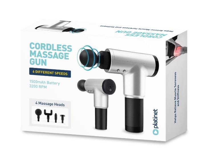 Platinet masāžas ierocis (20 W; 1500 mAh; 3200 apgr./min; 4 masāžas uzgaļi)