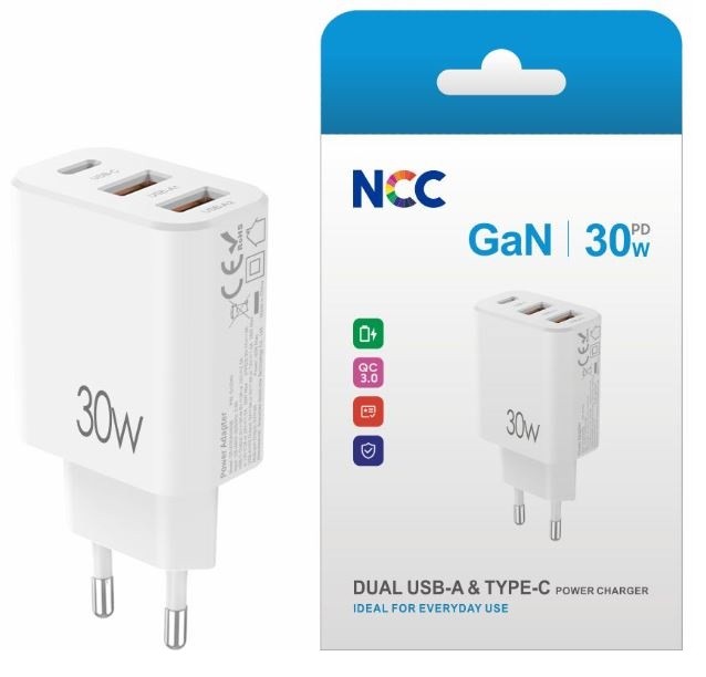 Lādētājs NCC (1xUSB-C; 2xUSB 30W) balts
