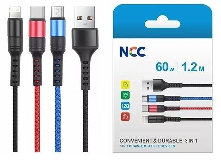 USB kabelis NCC "lightning+micro+USB-C" (60W) 1m melns