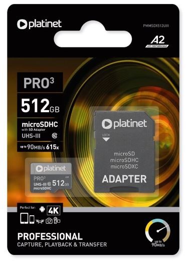 Atmiņas karte Platinet MicroSD 512GB (class10 UHS-III 90MB/S) + SD Adapteris