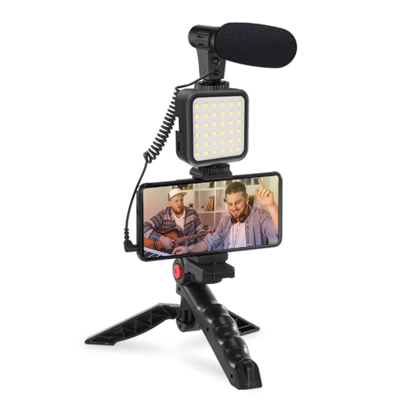 Phone holder Platinet VLOG 4in1 (mikrophone; led; holder) melns