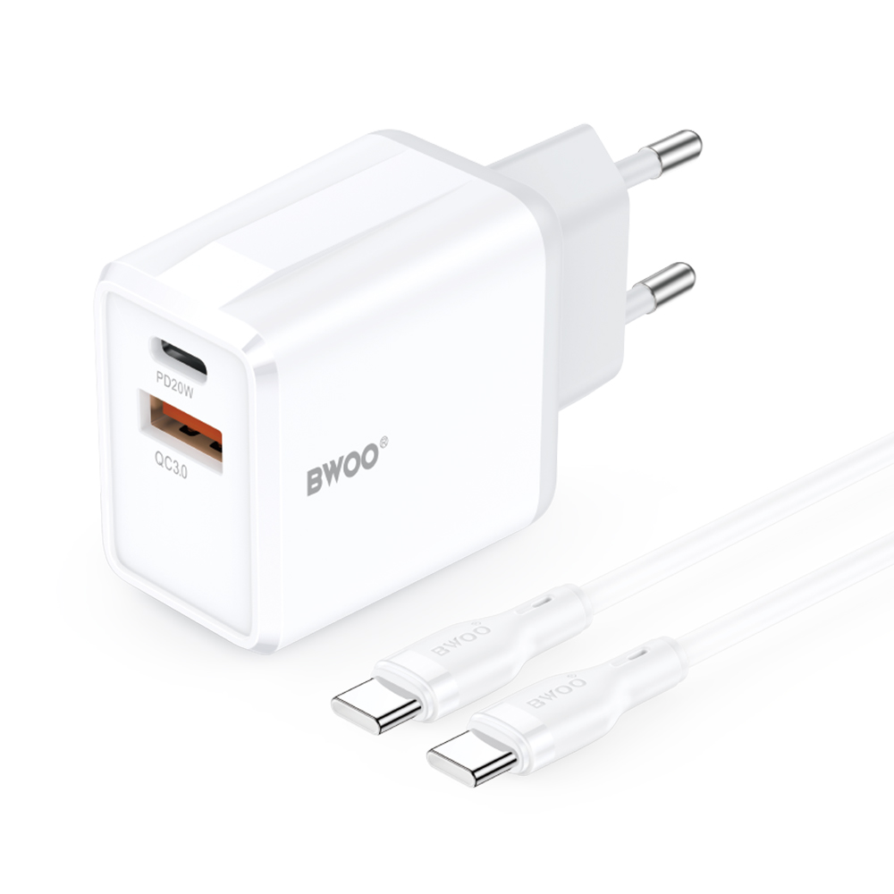 BWOO sienas lādētājs CDA182 QC 38W 1x USB-A + 1x USB-C ar USB-C kabeli 1 m melns