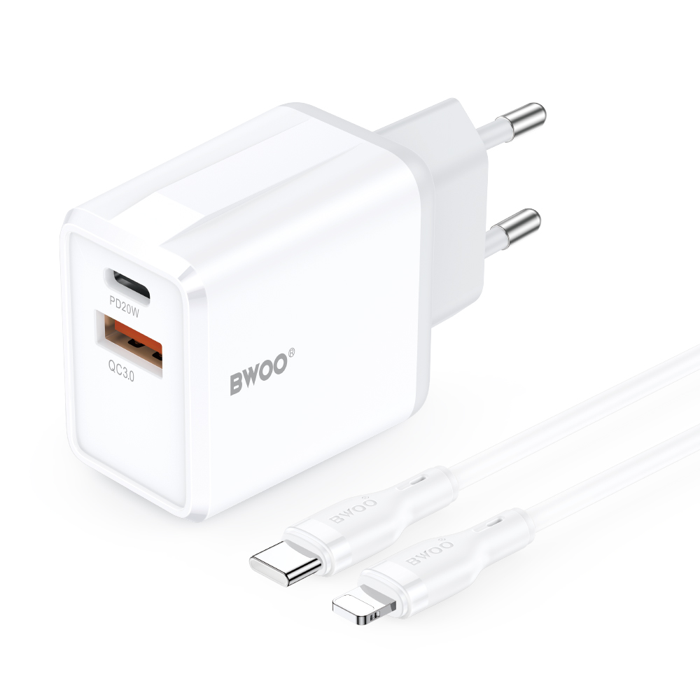 BWOO sienas lādētājs CDA182 QC 38W 1x USB-A + 1x USB-C ar USB-C C-Lightning kabeli 1 m melns