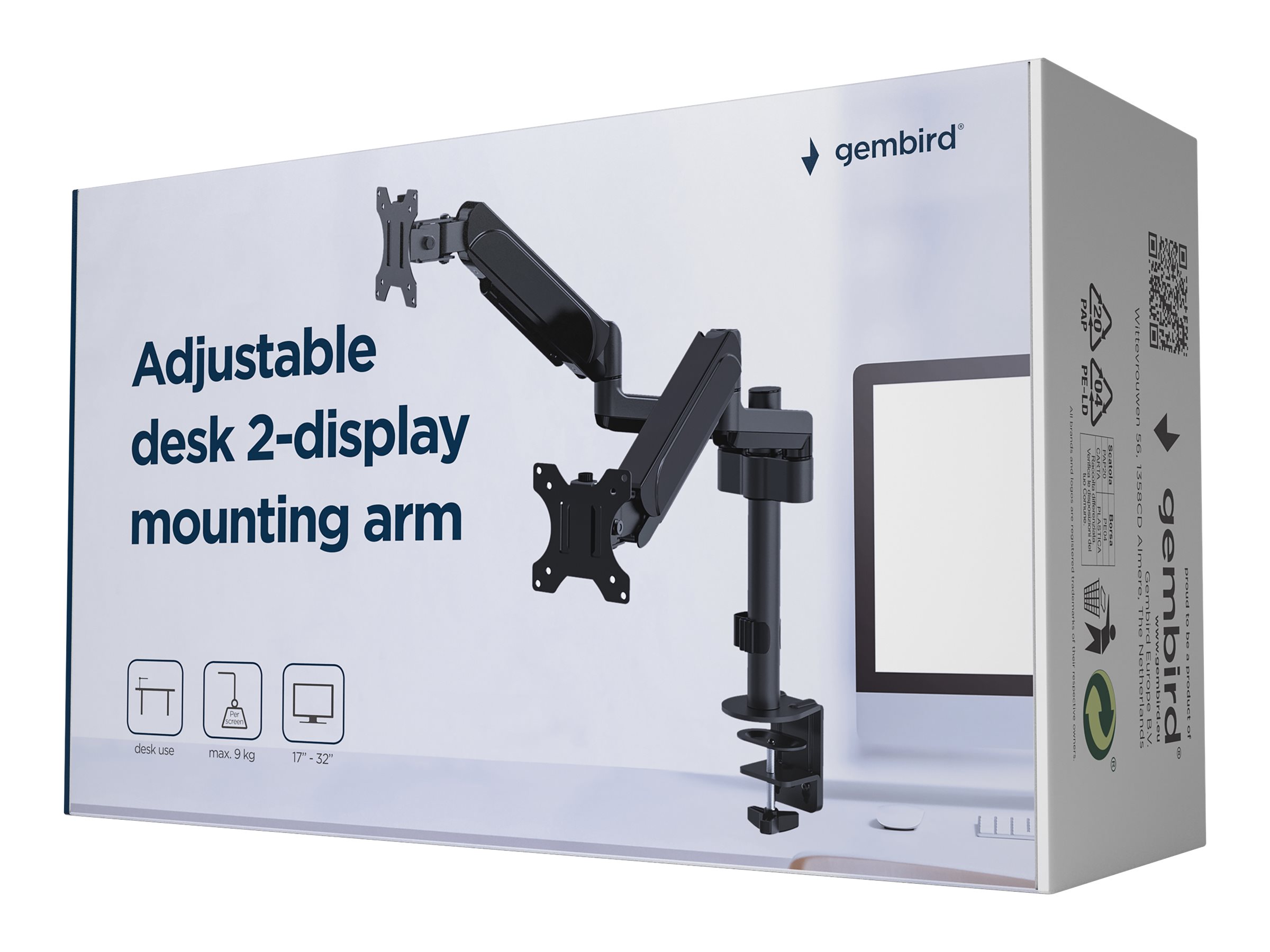 GEMBIRD regulējams galda 2 monitoru turētājs