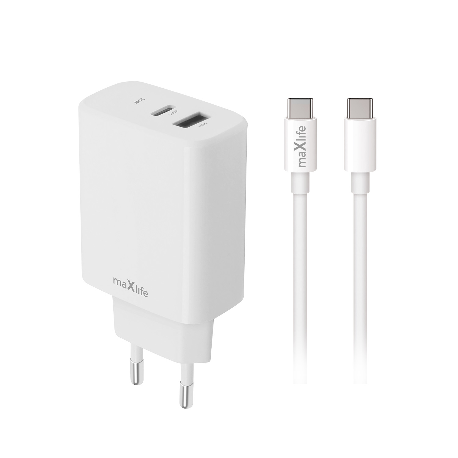 Maxlife MXTC-10-30AC PD QC lādētājs 1x USB-C 1x USB 30W balts + USB-C - USB-C kabelis 60W