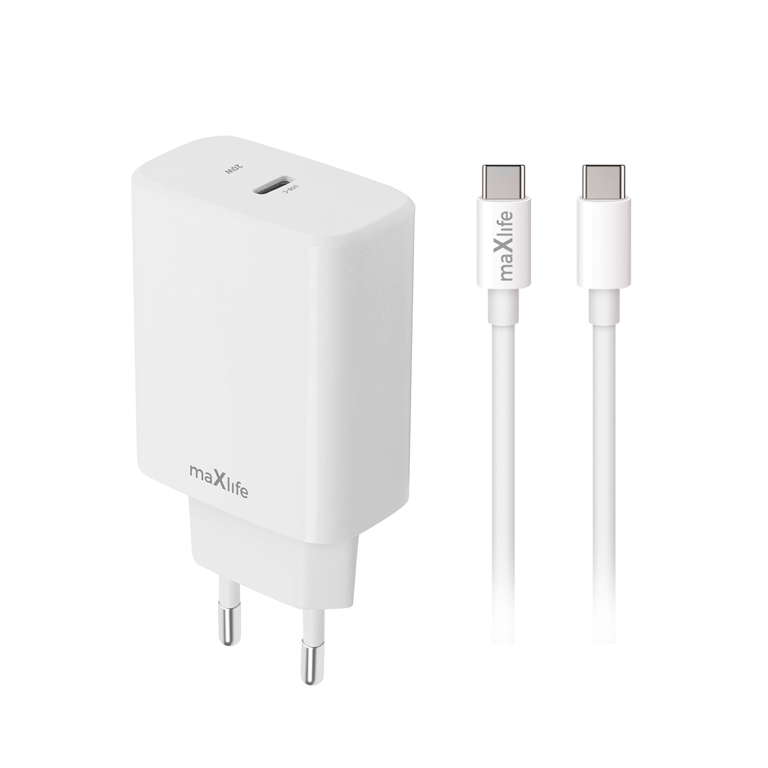 Maxlife MXTC-10-20C PD QC lādētājs 1x USB-C 20W balts + USB-C - USB-C kabelis 20W