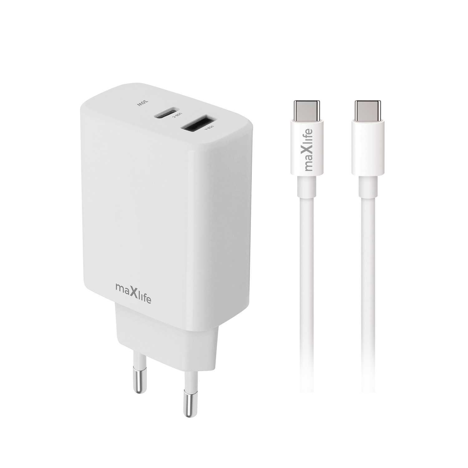 Maxlife MXTC-10-20AC PD QC lādētājs 1x USB-C 1x USB 20W balts + USB-C - USB-C kabelis 20W