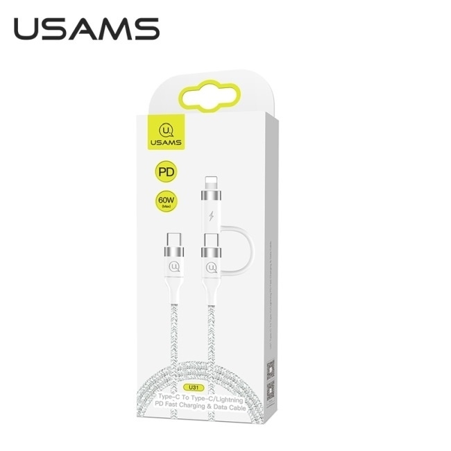 USAMS Kabelis pīts U31 USB-C na USB-C /lightning 60W PD ātrā uzlāde balts SJ403USB02 (US-SJ403)