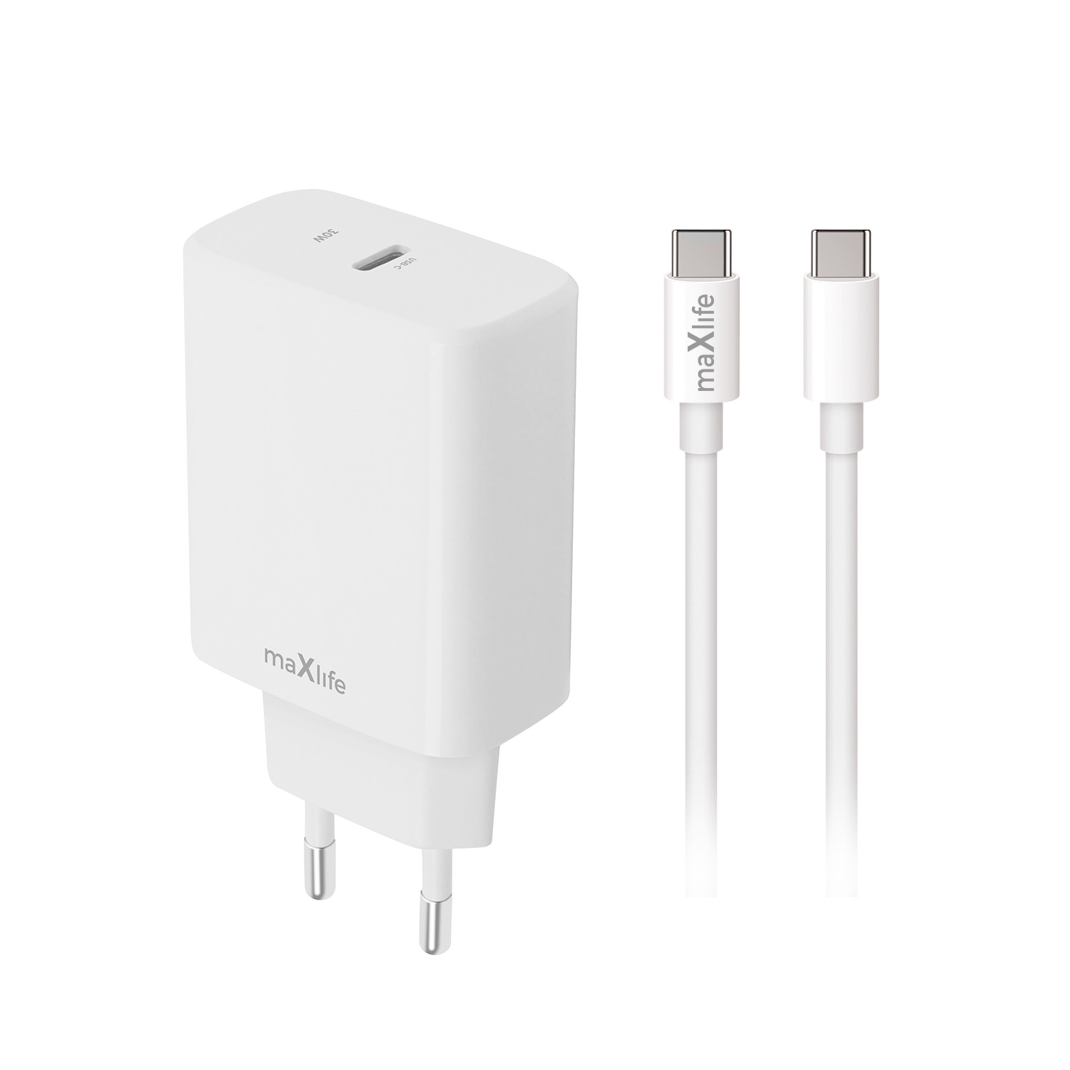 Maxlife MXTC-10-30C PD QC lādētājs 1x USB-C 30W balts + USB-C - USB-C kabelis 60W
