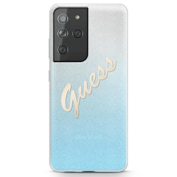 Guess GUHCS21LPCUGLSBL S21 Ultra G998blue cietais maciņš Glitter Gradient Script