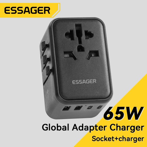 Lādētājs Essager "Travel Global 2" Melns 65W (3xPD / 2xQC3.0) (EU / US / UK)
