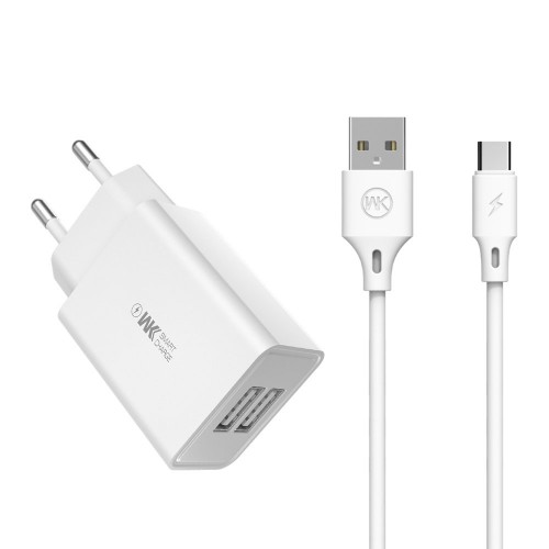 Lādētājs WK Design WP-U56 balts (porti: 2xUSB) + Type-C 100cm kabelis