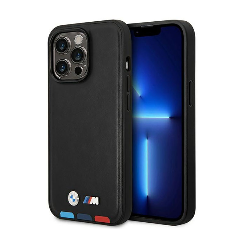 Viedtālruņa apvalks BMW BMHMP14L22PTDK iPhone 14 Pro 6.1 "melns / melna Ādas Zīmogs Trīskrāsu Magnētiskais