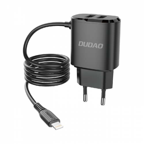 Lādētājs Dudao A2ProL melns (2xUSB) + integrēts Lightning kabelis