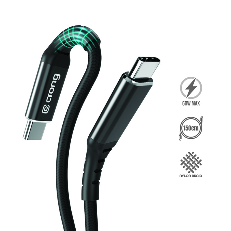 Crong Armor Link - 60W PD 3A USB-C to USB-C kabelis 150cm (melns)