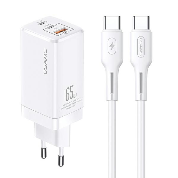 USAMS Tīkla lādētājs MT 2XUSB-C+USB GAN 65W T33 PD + Kabelis USB-C-USB-C 100W FAST CHARGING balts MTXLOGTC02