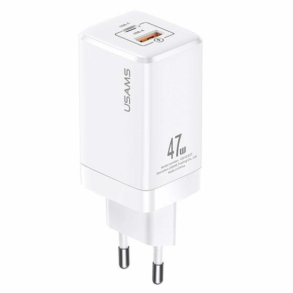 USAMS TĪKLA LĀDĒTĀJS T41 USB-C+USB GAN 47W PD+QC (ONLY HEAD) FAST CHARGING BALTS CC137TC02 (US-CC137)