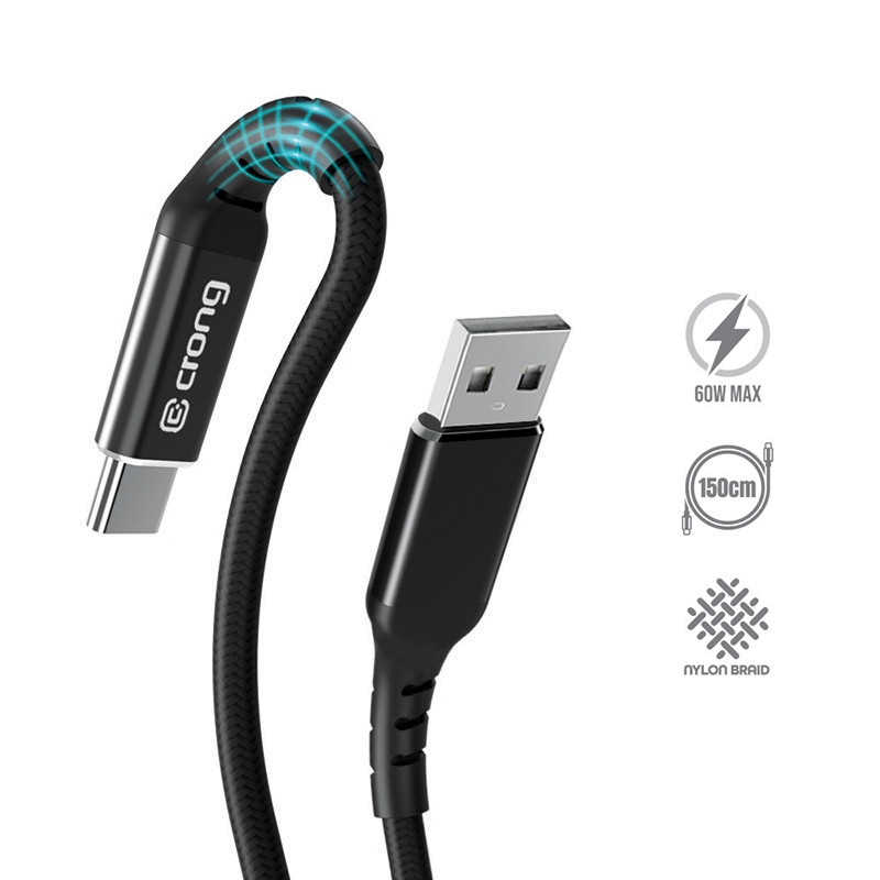 Crong Armor Link - 60W PD 3A USB-A to USB-C kabelis 150cm (melns)