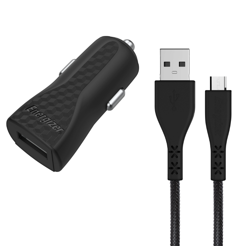 Energizer HardCase - USB-A 1A auto lādētājs + Micro USB kabelis (melns)
