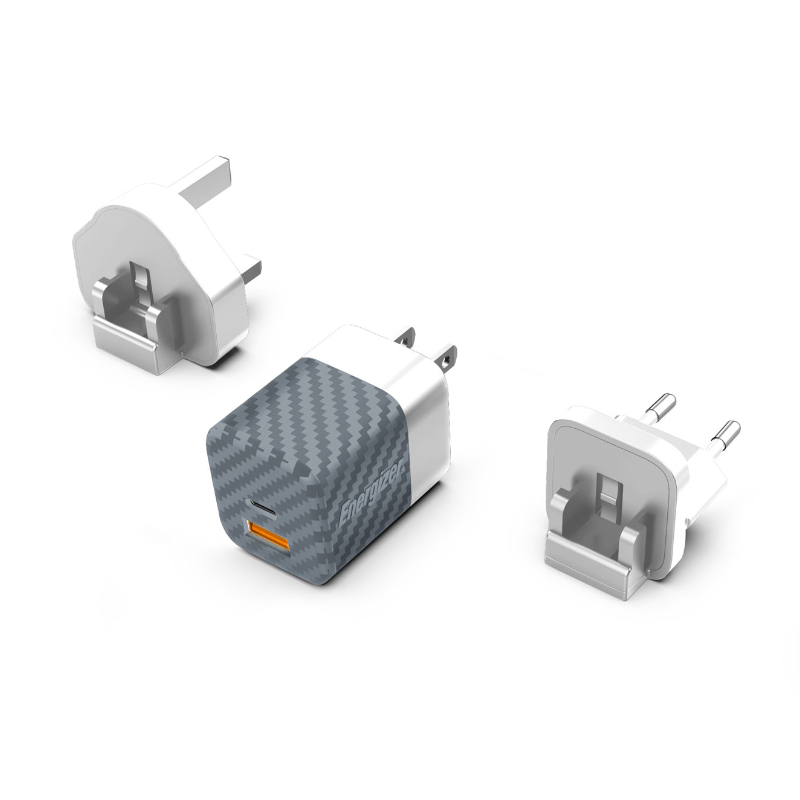 Energizer Ultimate - Multiplug EU / UK / US mains lādētājs GaN 38W PD + QC3.0 (sudrabs)