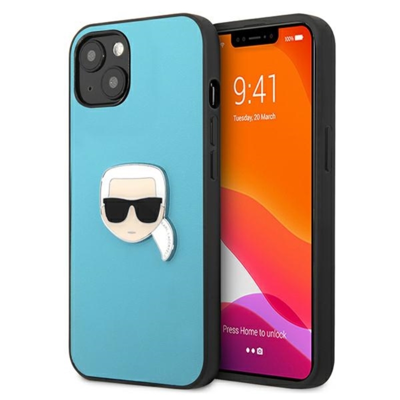 Karl Lagerfeld Ādas Ikonik Karl's Head Metāla apvalks iPhone 13 mini - zils