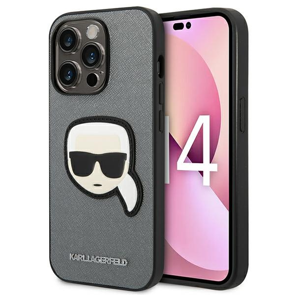 Karl Lagerfeld Saffiano Karl's Head Patch viedtālruņa apvalks iPhone 14 Pro - sudraba