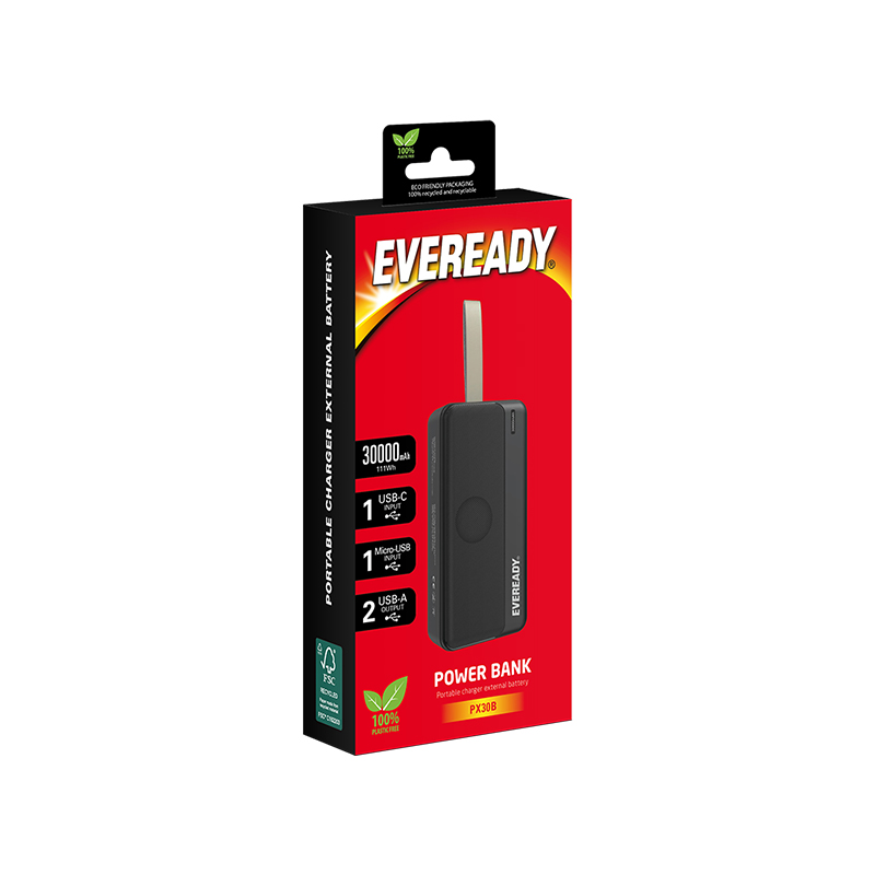 Eveready PX30B - Powerbank 30000 mAh 2x USB-A (melns)