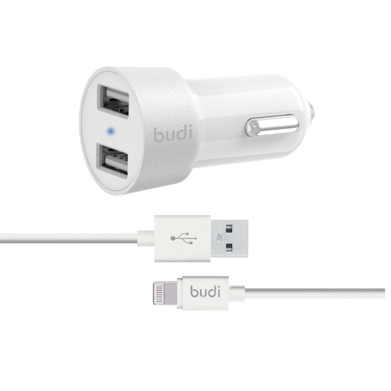 Budi - 2 USB auto lādētājs with LED indicator+lightning kabelis
