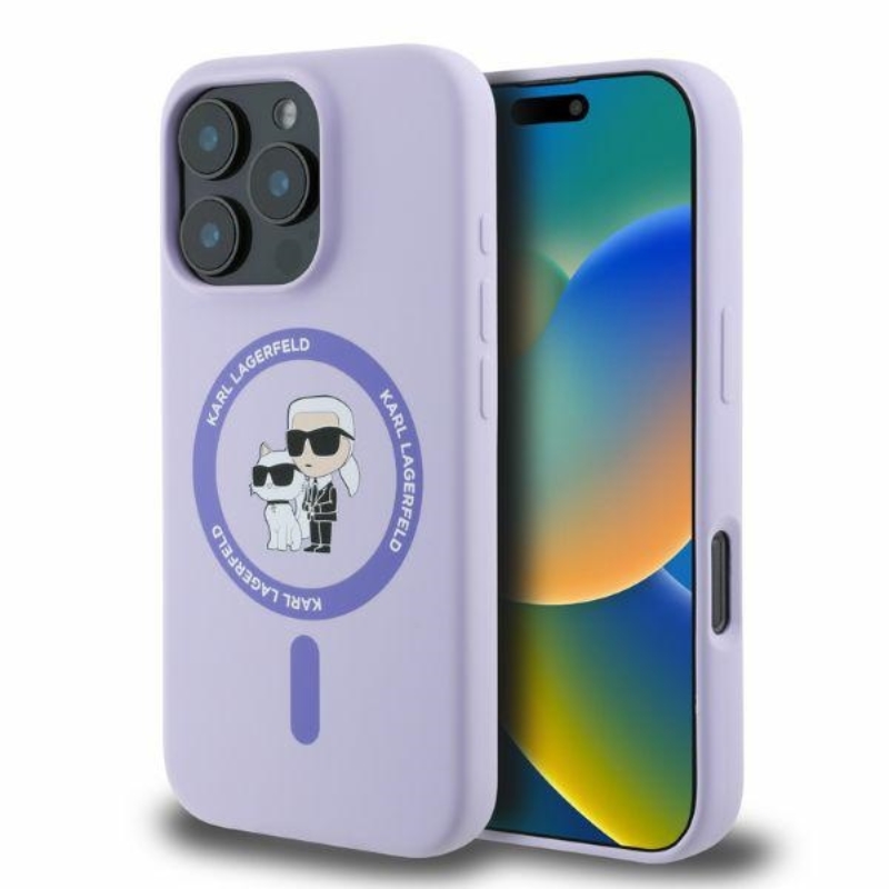 Karl Lagerfeld silikona viedtālruņa apvalks Karl&Choupette Heads Ring Magnētiskais iPhone 16 Pro Max - violets