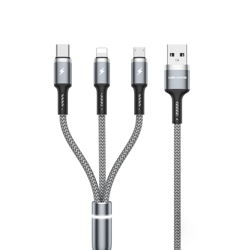 WEKOME WDC-119 Fython Series - 3-in-1 USB-A to Lightning + USB-C + Micro USB PD Connecting kabelis 1.2 m (sudrabs)