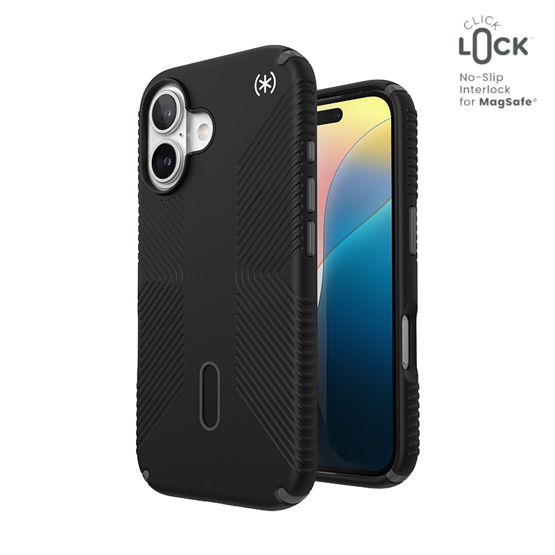 Speck Presidio2 Grip ClickLock & MagSafe - iPhone 16 maciņš (melns / Slate pelēks / balts)