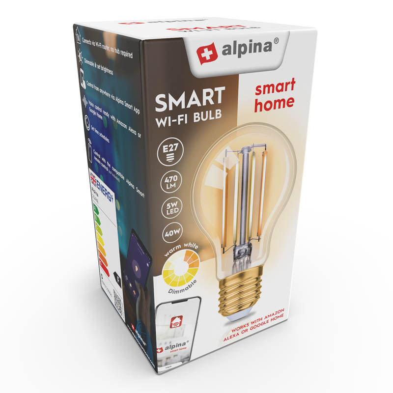 Alpina viedā Wi-Fi LED spuldze, E27, 4,9 W, silti balta