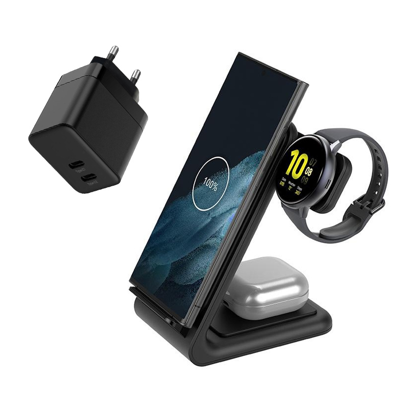 Crong - GaN PD 35W lādētājs set plus PowerSpot Pivot statīvs 3-in-1 wireless lādētājs iPhone, Samsung & Android