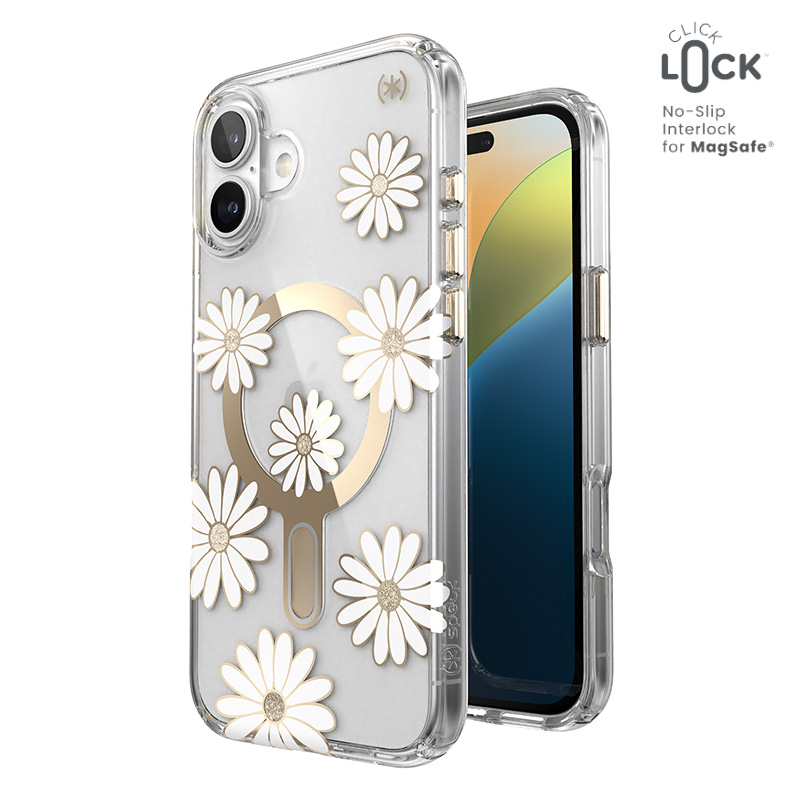 Speck Presidio Lux ClickLock & MagSafe - iPhone 16 Plus maciņš (Sunshine Daisies / Clear / zeltains)