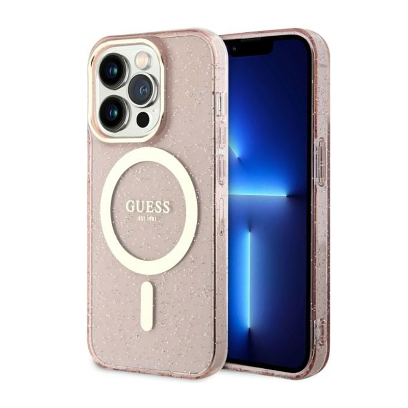 Guess GUHMP14XHCMCGP iPhone 14 Pro Max 6.7" rozā cietais viedtālruņa apvalks Glitter Gold Magnētiskais
