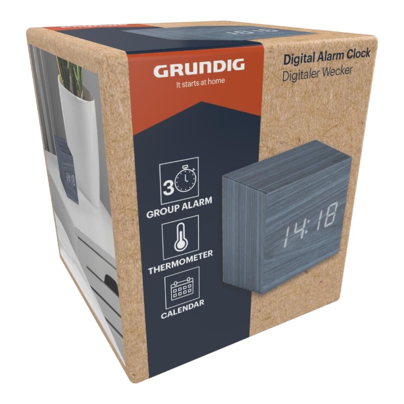 Grundig digitālais LED modinātājpulkstenis ar termometru un kalendāru (zils)