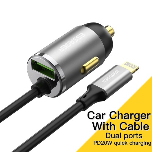 Auto lādētājs Essager "Bee" Pelēks (1xUSB) + integrated "Lightning" kabelis 20W
