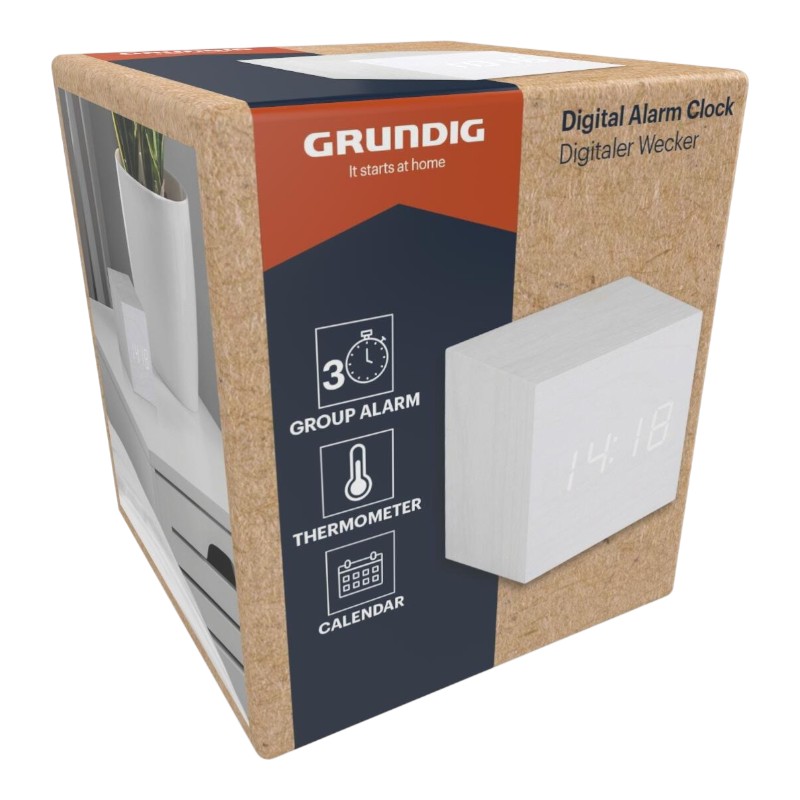 Grundig digitālais LED modinātājpulkstenis ar termometru un kalendāru (balts)