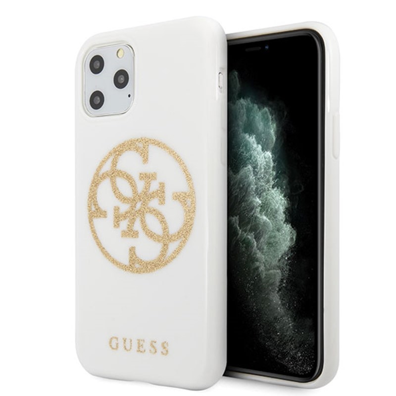Guess GUHCN65TPUWHGLG iPhone 11 Pro Max balts cietais apvalks Glitter 4G Circle Logo