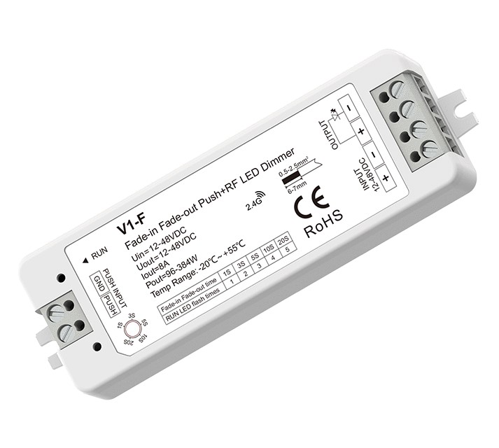 V1-F LED dimmers ar izbalēšanas funkciju, 12-48V, 1x 8A, spiedpoga