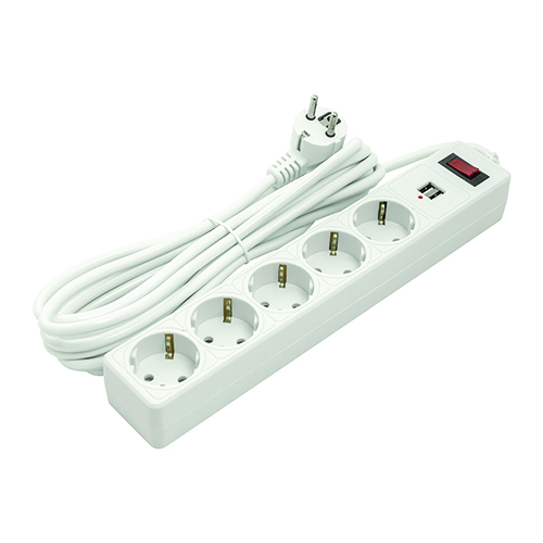 Extension cord 5m, 5 sockets, 2xUSB, ar switch