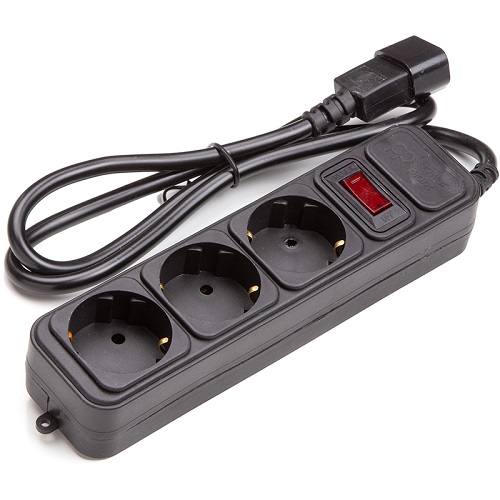 UPS-Rated Extension Cord 1m, 3 sockets, ar switch, melns